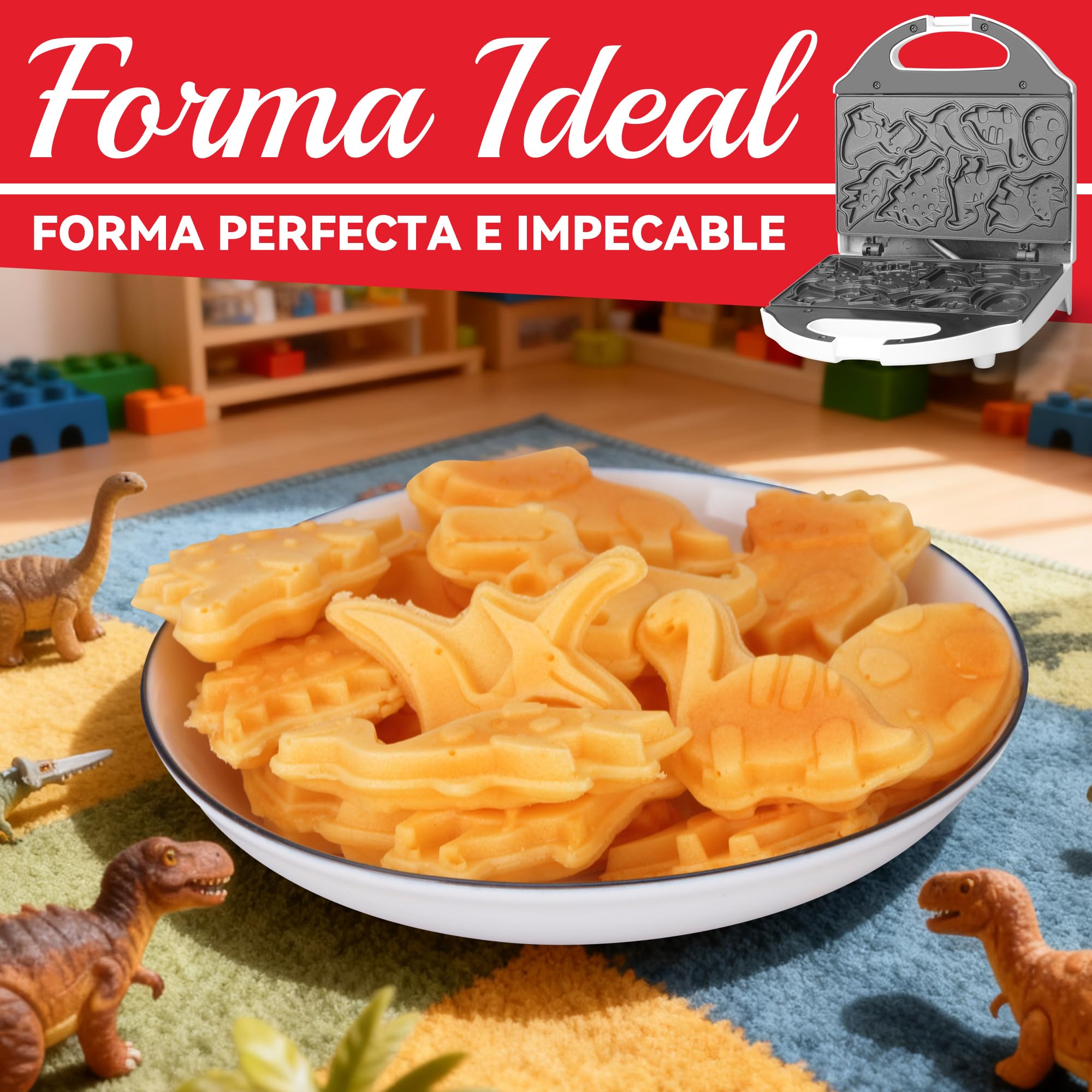 SugarWhisk Gofrera Mini, Waflera Pequeña, Mini Waflera, Mini Waffle Maker Con 8 Diseños De Dinosaurios Diferentes, Que a Los Niños Les Gusta, Blanca