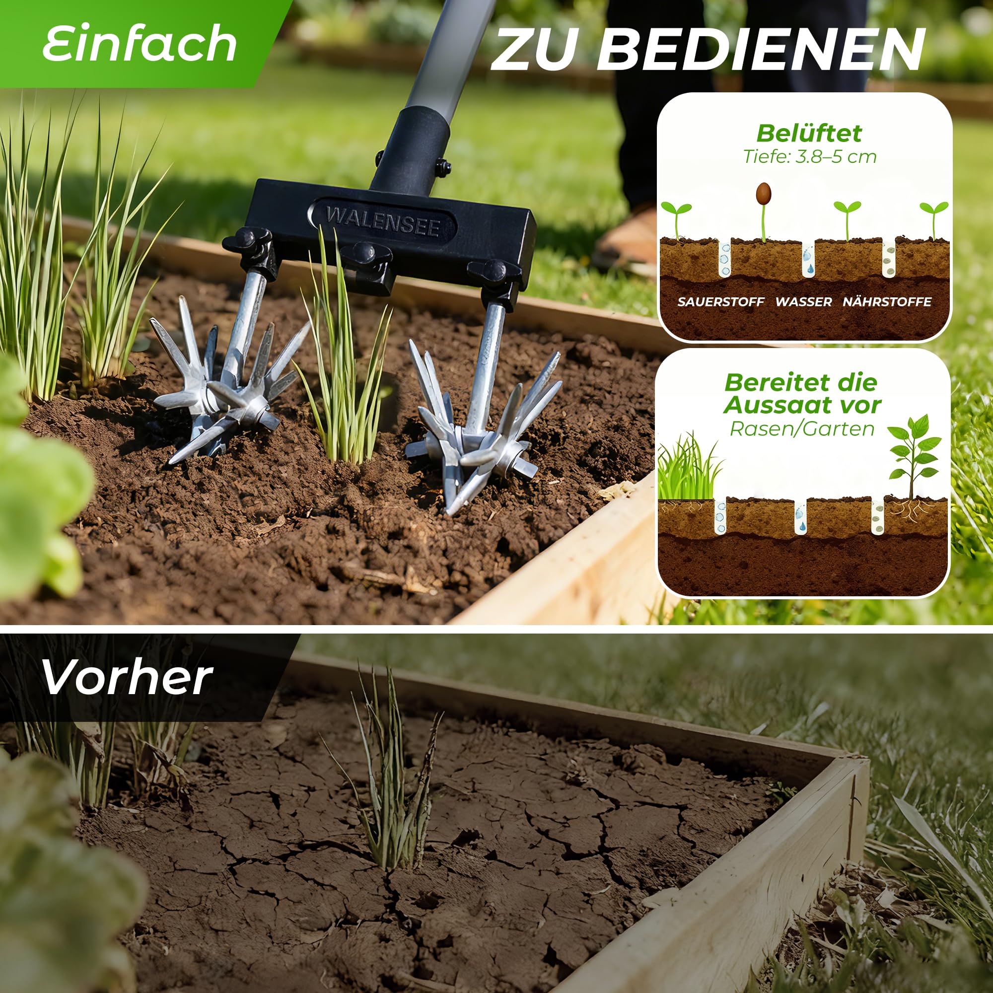 Walensee Rotierender Gartenkultivator, Verstellbare Handfräse mit Teleskopstiel, Rostfreie Sternräder zum Auflockern des Bodens, Jäten & Belüften des Rasens, Leichtes Gartenwerkzeug