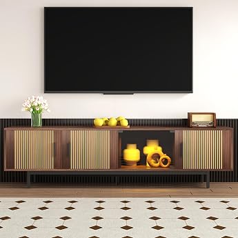 200 cm TV Lowboard with LED Light Bar TV Board with Carved Texture TV Cabinet Living Room with Tempered Glass Door TV Cabinet for Bedroom and Living Room Cabinet Wood Colour