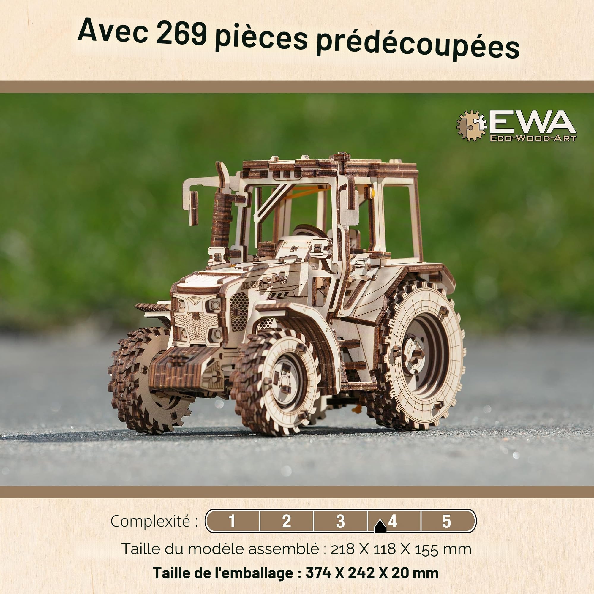 EWA Eco-Wood-Art - Tractor BELARUS-82 - Puzzle 3D mécanique en Bois - Casse-tête pour Adultes et Adolescents -à Monter soi-même sans Colle- 269 pièces, Naturel