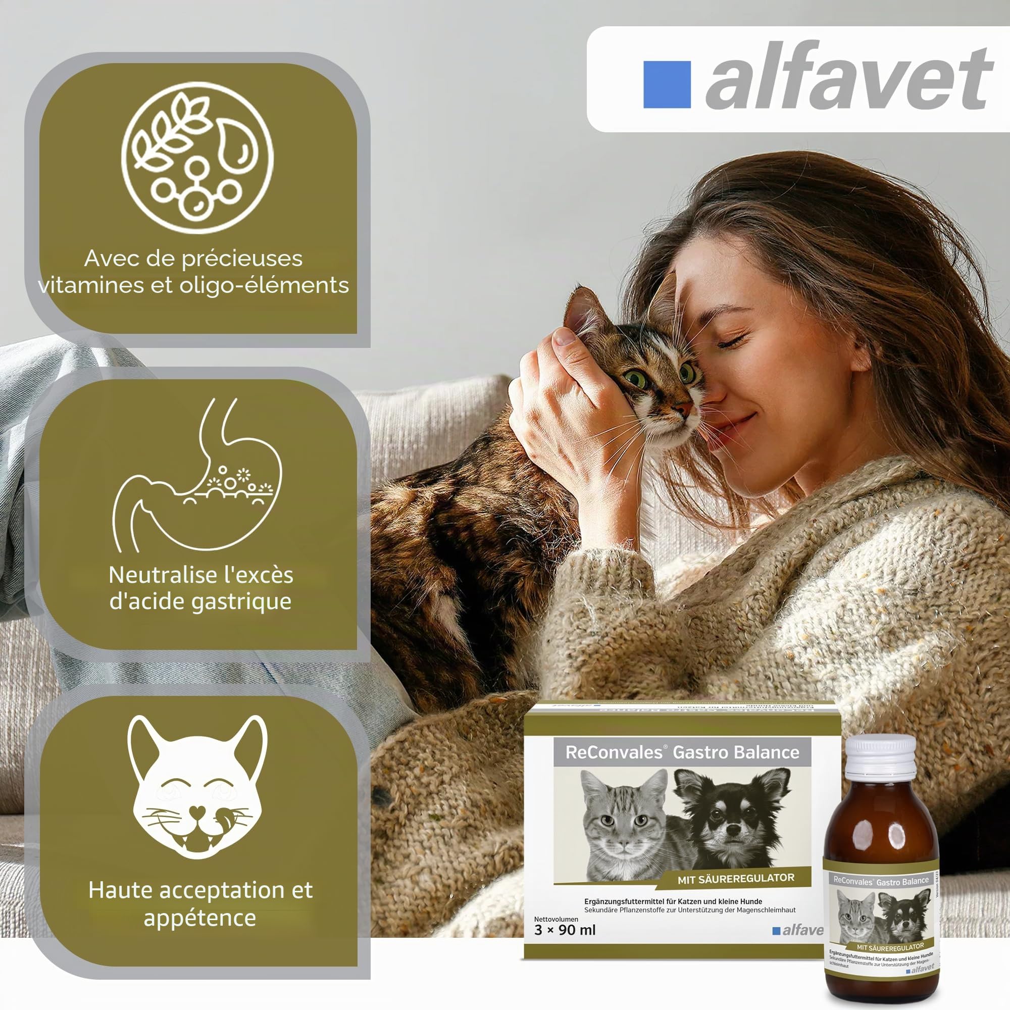 alfavet, ReConvales Gastro Balance pour chat et chien - Soin de la muqueuse gastrique avec régulateur d'acidité - Complément alimentaire - 3 x 90 ml