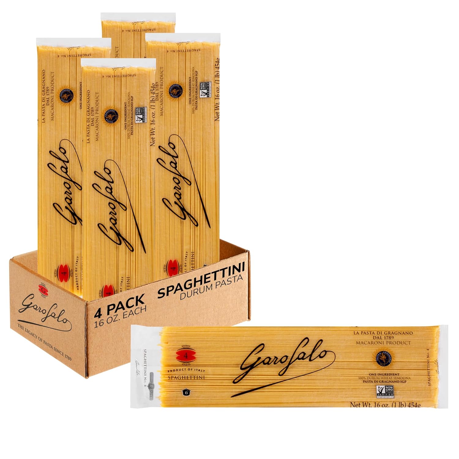 Garofalo - Premium Durum Wheat Semolina Spaghettini Pasta, Italian Made, Bronze-Drawn, Al-Dente, One-Ingredient Pasta (4 pack)