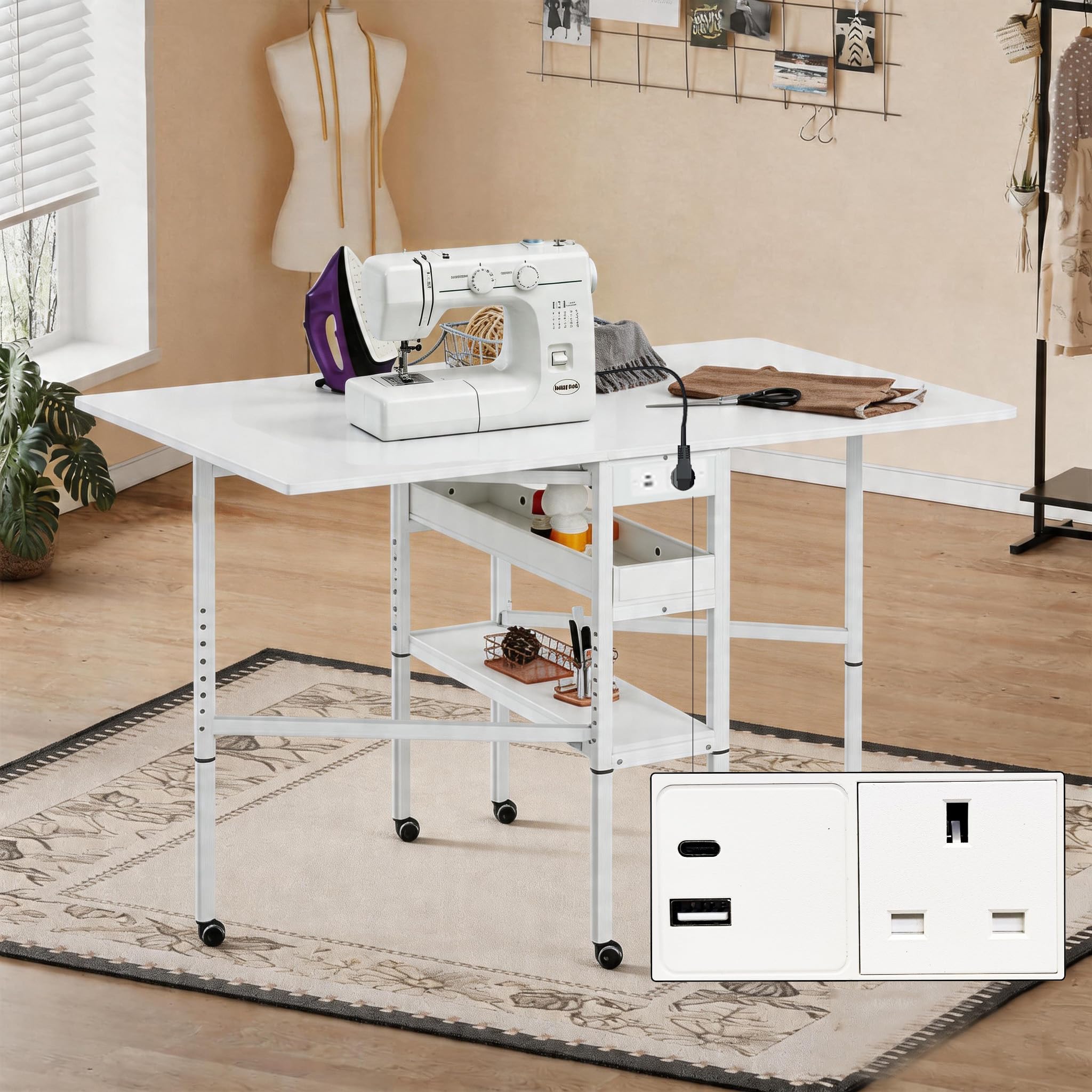 MELLCOM Folding Sewing Cutting Table,with Multi-port charging for Large Fabric,Mobile Height Adjustable with Storage Shelves, Foldable for Home Office
