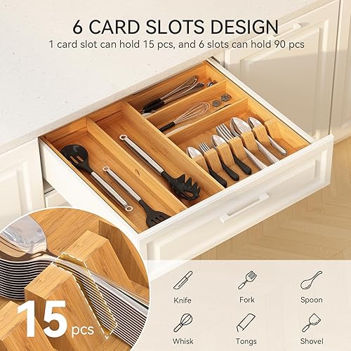 Miniatura 2 de Yofidra Organizador de cajones de cubiertos de bambú puro 16.9 x 18.9 soporte grande extensible para utensilios de cubiertos, 5 compartimentos con 6
