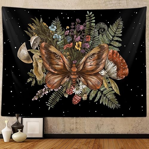 Tapiz bohemio de polilla de hongos para niñas, estético, vintage, mariposa, plantas botánicas, tapices de arte para colgar en la pared para