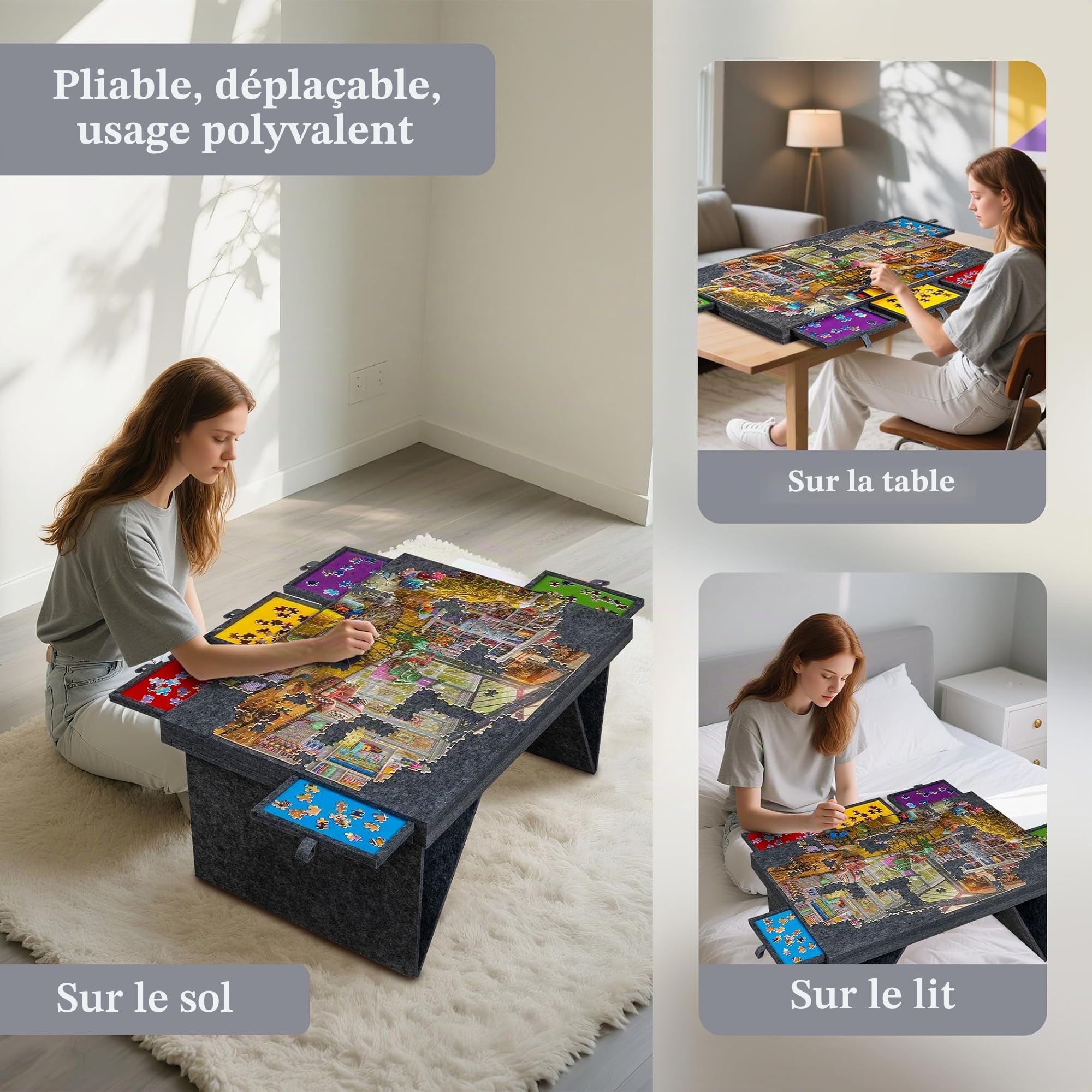 Planche à puzzle de 1000 pièces avec 5 tiroirs colorés et couvercle, table de puzzle avec pieds pliables pour adultes, légère et portable, pour puzzles de 1000 pièces, gris