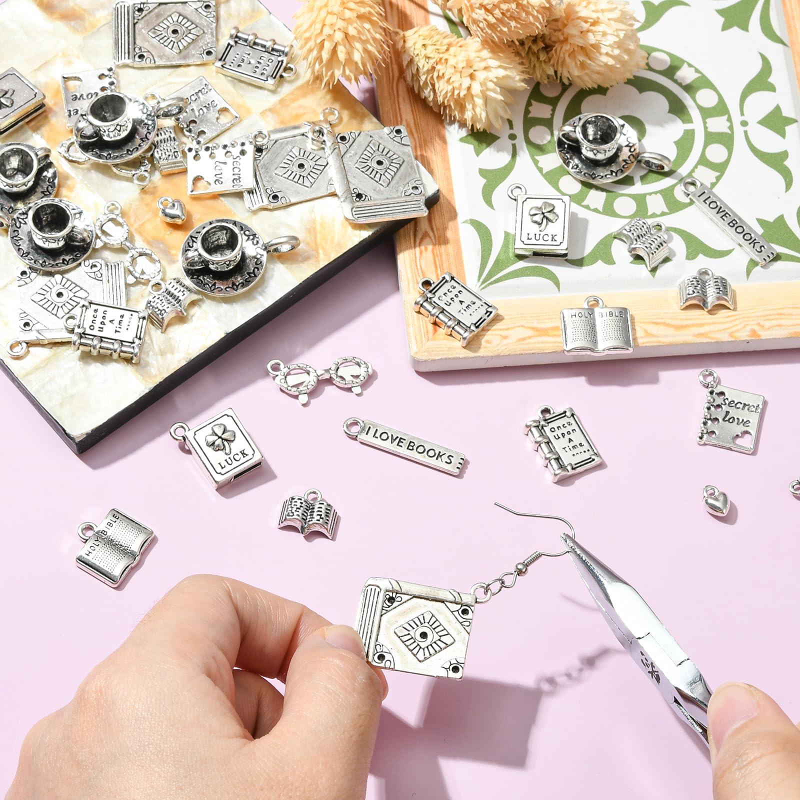 UR URLIFEHALL 50 Pcs 10 Styles Tibetan Style Librarian Charms Antique Silver Coffee Cup Glasses Book Charms for Jewellery Crafting Making - Image 4