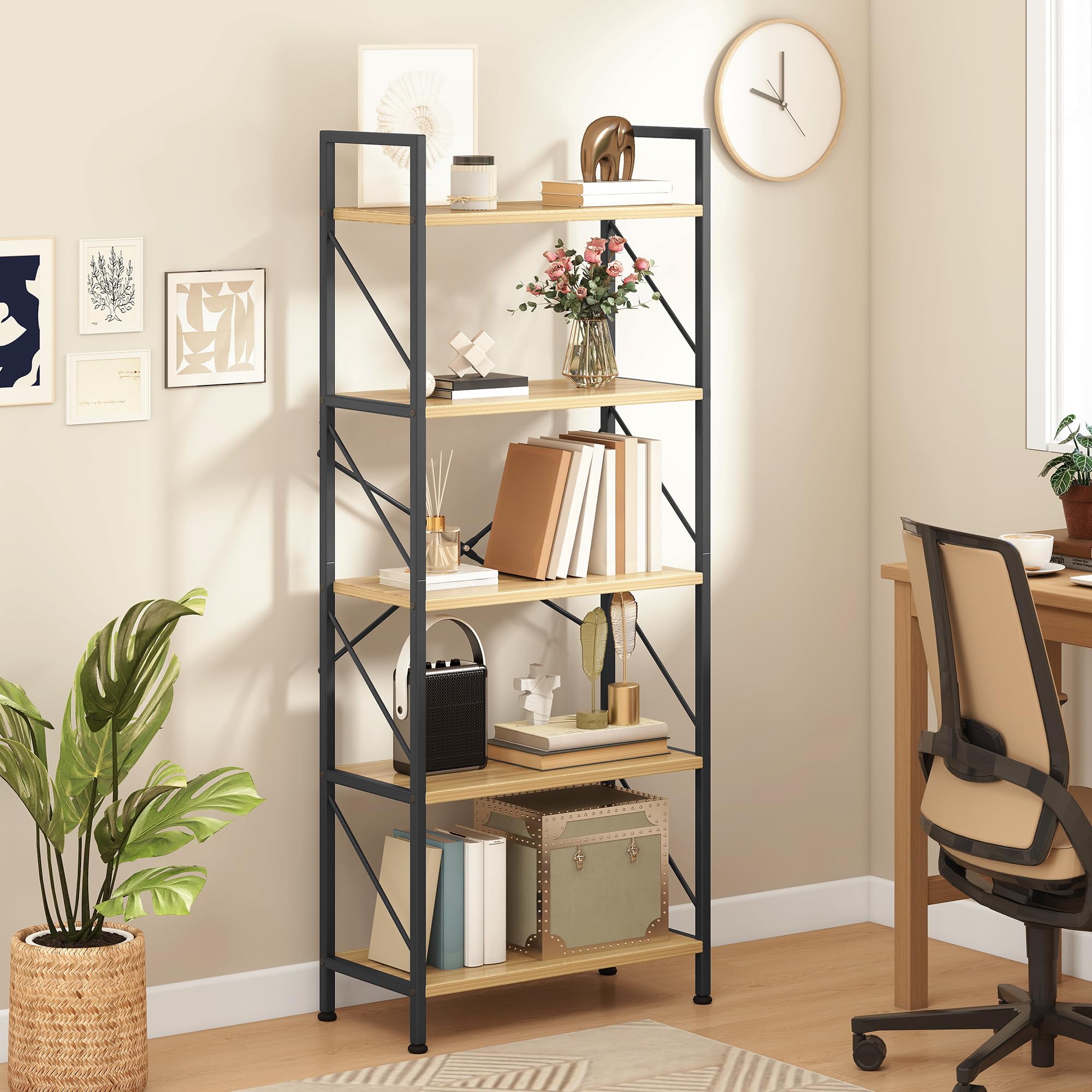 DWVO 5 Tiers Book Shelf, Wood and Metal Bookcase Storage Organizer, Industrial Bookshelf Tall Shelving Unit Display Rack for Living Room Kitchen Bedroom, Black Book Rack
