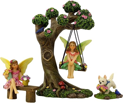 PRETMANNS Fairies for Fairy Garden – Cute Accessories Kit for Indoor or Outdoor Miniature Garden – Figurines, Tree Swing & Puppy Included – 4 Piece Set