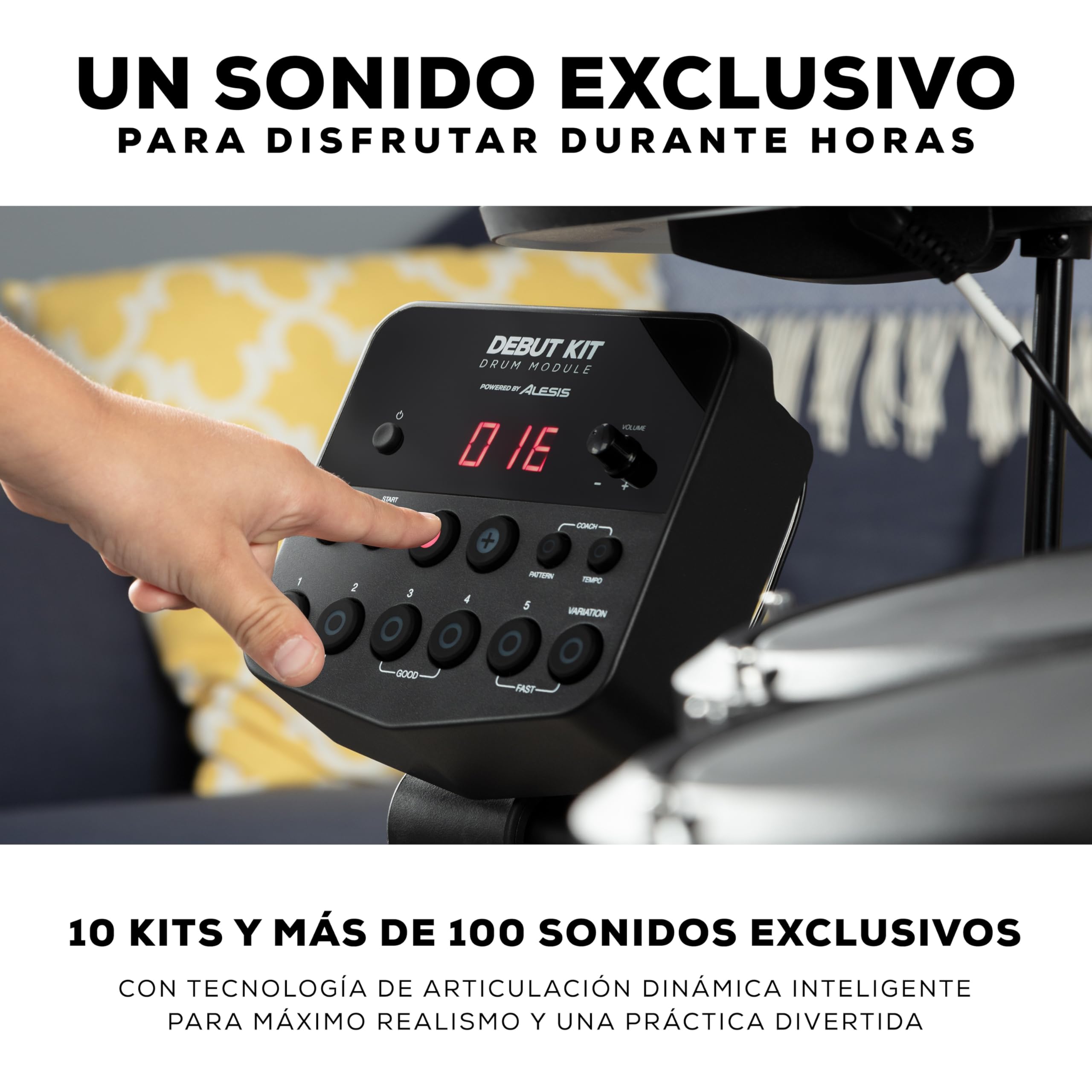 Alesis Debut Kit - Batería electrónica infantil con 4 parches de malla, 120 sonidos, 100 lecciones, taburete, baquetas, llave de batería y auriculares