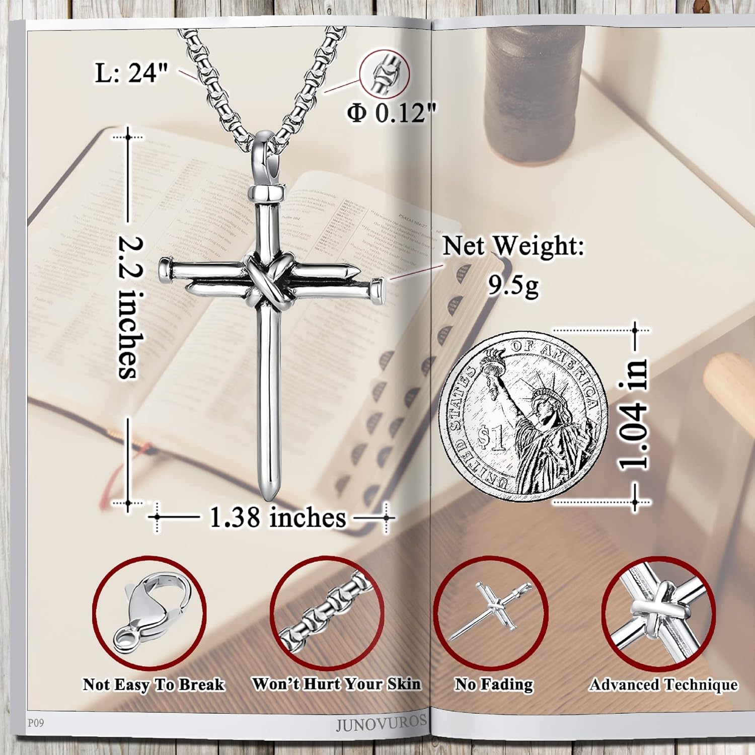 JUNOVUROS Nail Cross Necklace for Men Stainless Steel Religious Retro Nail Cross Pendant Necklace, 18 to 28 Inch Rolo Chain, Silver/Gold/Black - Image 6