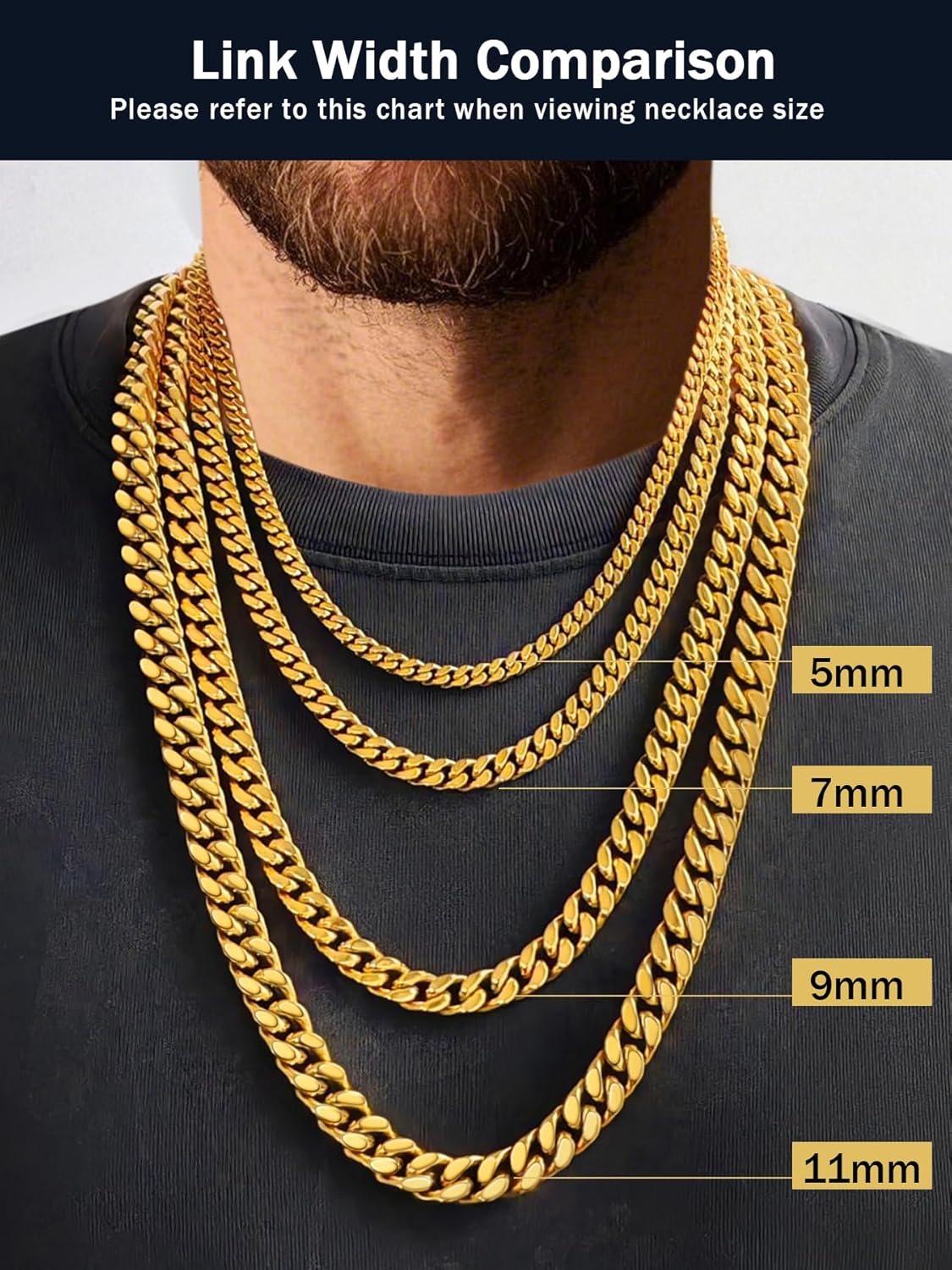 Cuban Chain Stainless Steel Necklace for Men Women, 5/7/9/11MM Width, 18K Gold Plated/Black Metal/316L Stainless Steel Sturdy Curb Link Chain Necklaces, 18-30inch Length - Image 7