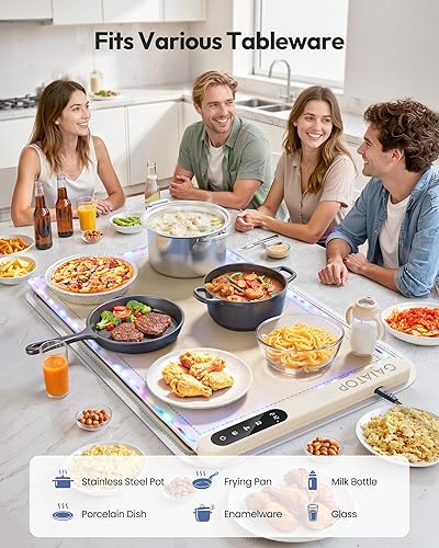 Miniatura 7 de Gaiatop Calentadores de alimentos para fiestas, buffet con borde RGB, tapete de calentamiento eléctrico para encimera, 6 niveles de temperatura de