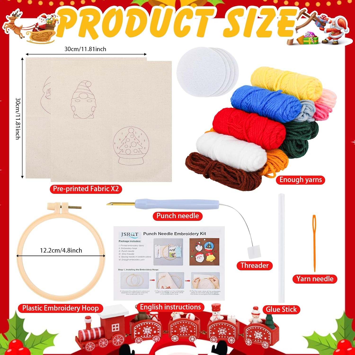 JSRQT Christmas Punch Needle Coaster Kit DIY Punch Needle Kits Adults Beginner Embroidery Kit Gift Coaster Holder Art Craft Supplies with Pattern Yarns Hoop Tools Instructions Rug Hooking