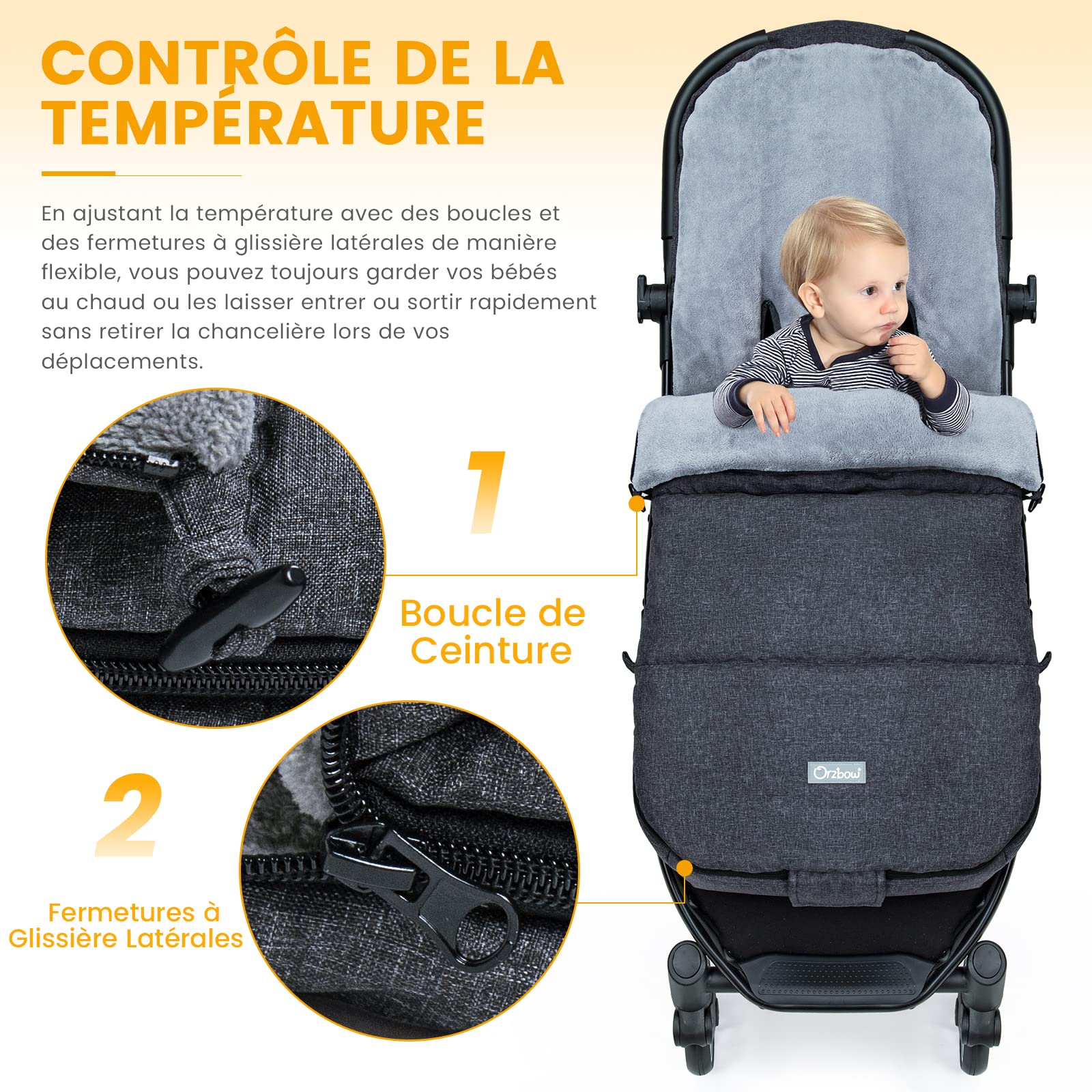 Orzbow Chanceliere Bebe Poussette, Fermeture Éclair, Ergonomique, Noir | Chanceliere Universelle pour Poussette avec Polaire Coral Épaisse, Accès Faciles, Amovible et Déperlant, Sac Inclus