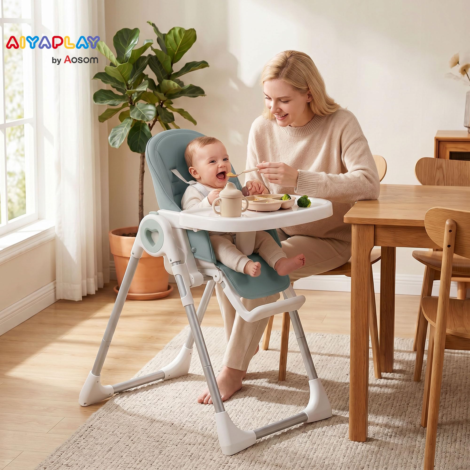 AIYAPLAY Seggiolone Pappa Evolutivo Bambini Pieghevole, 6-36Mesi/15kg Verde | Reclinabile, Altezza e Poggiapiedi Regolabile, Doppi Vassoio Lavabile e Regolabili, Ruote, Cintura 5 Punti