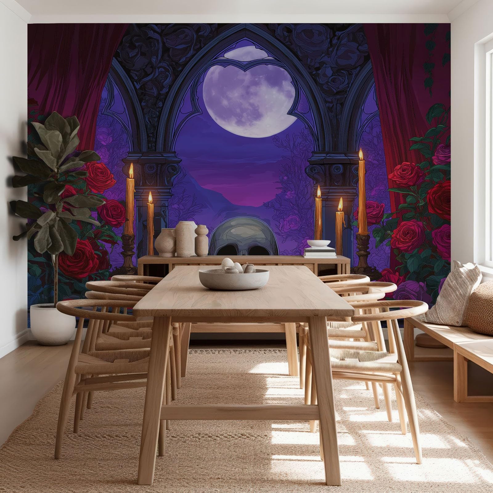 Gotycki łuk, czaszka, kwiaty, fototapeta, 350 x 256 cm, flizelina, sztuka fantasy, sztuka ścienna mural do salonu, telewizora, sofy, hotelu, korytarza, tapeta ścienna, obraz