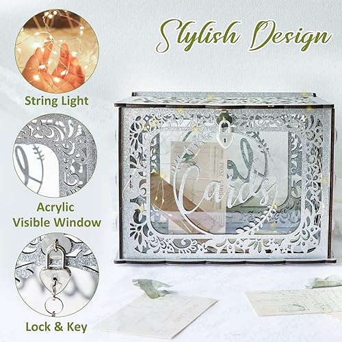 Miniatura 3 de OurWarm Caja de tarjetas de boda plateada con cerradura, caja de tarjeta de regalo de madera para recepción de boda con ventana transparente y luz,