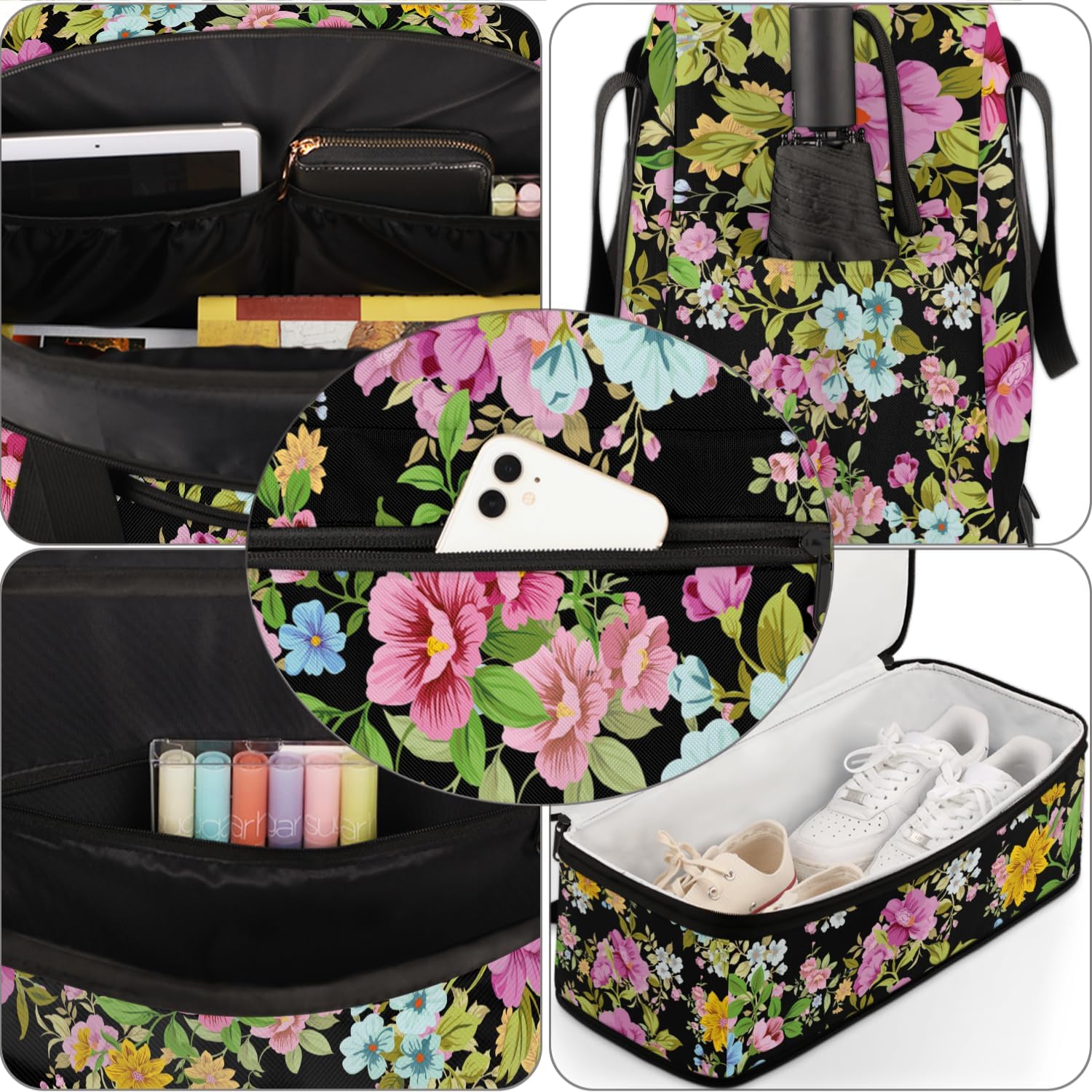 Gym Bag for Men Women, Black Flower Carry on Travel Duffel Bag with Trolley Sleeve, Waterproof Weekender Overnight Bag with Shoes and Wet Clothes Compartment for Sleepover Workout Sports