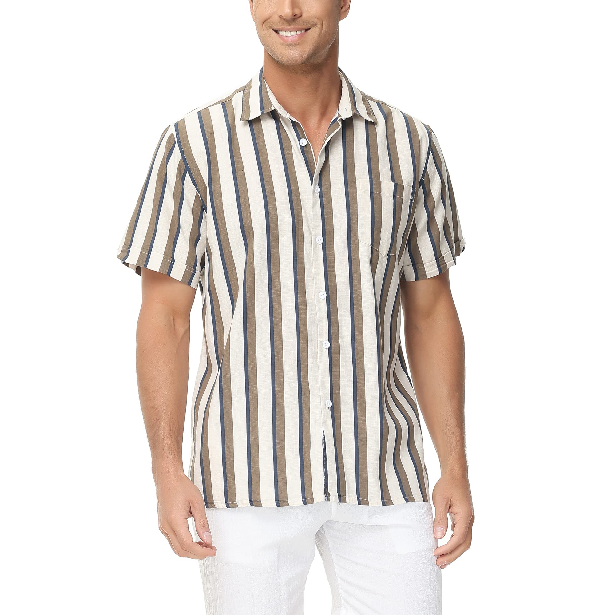 MCEDAR Short Sleeves LinenBlend Shirts for Men Summer Casual Button