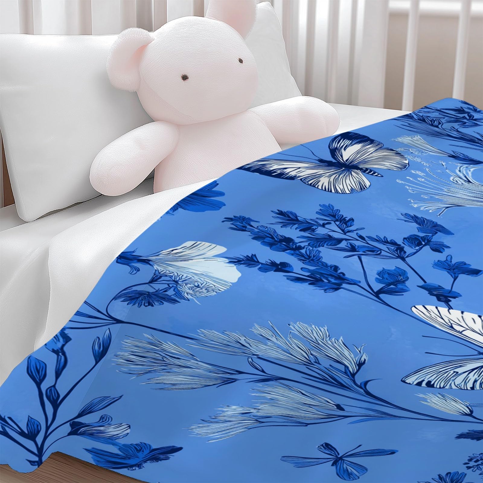 Genérico Polarowy koc flanelowy dla dzieci i dorosłych 200 x 200 cm, koce na sofę z nadrukiem rysunek zwierzę motyl kwiat - niebieski miękki ciepły ciepły oddychający lekki koc