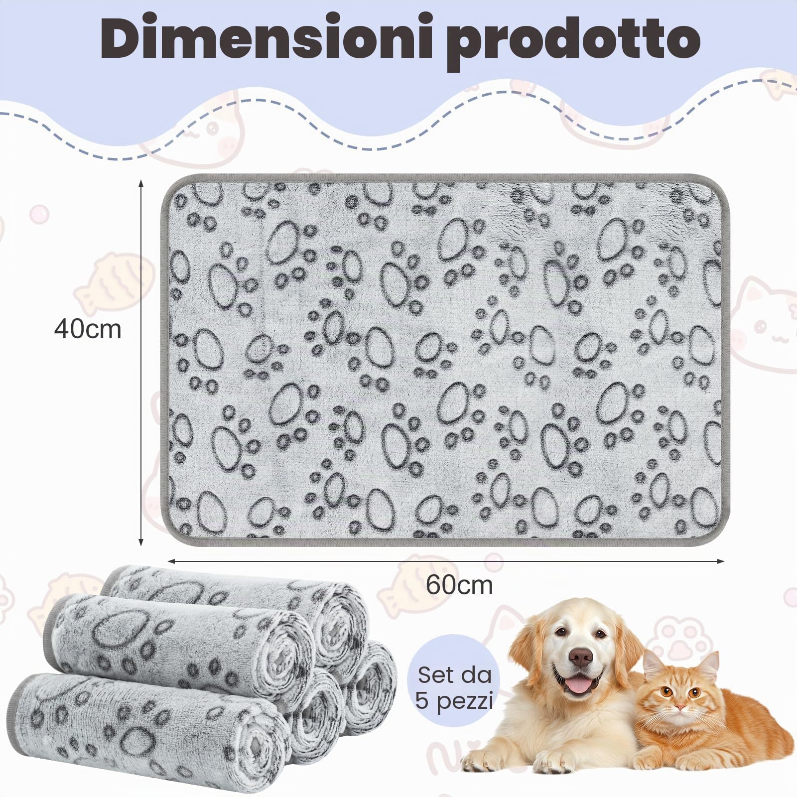 Coperta Per Cani Lavabile Flanella Morbida Calda 60×40cm Grigio Impronte Zampe