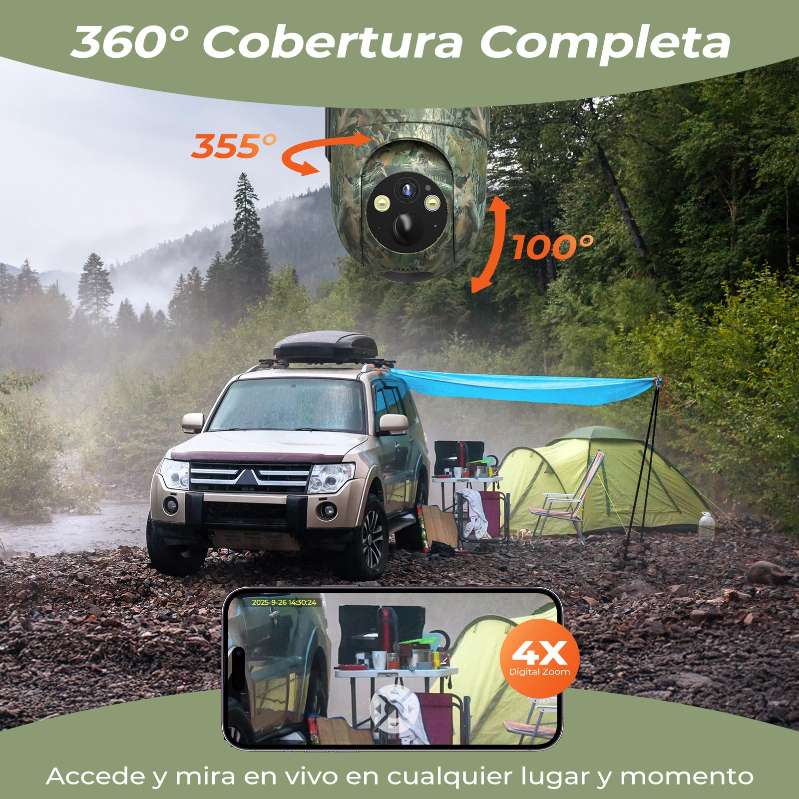 SEHMUA 4G Cámara Vigilancia Exterior con SIM, Camara Fototrampeo 4G Solar sin WiFi, 2K Camara Caza con Tarjeta Sim, Detección Humana PIR, Visión Nocturna, IP66, PTZ 355°/90°, Audio de Dos Vías