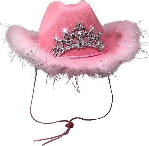 Miniatura 3 de Sombrero de vaquero rosa Tiara de corona parpadeante iluminada, sombrero de vaquera rosa con plumas de boa con pañuelos de cachemira rosa claro