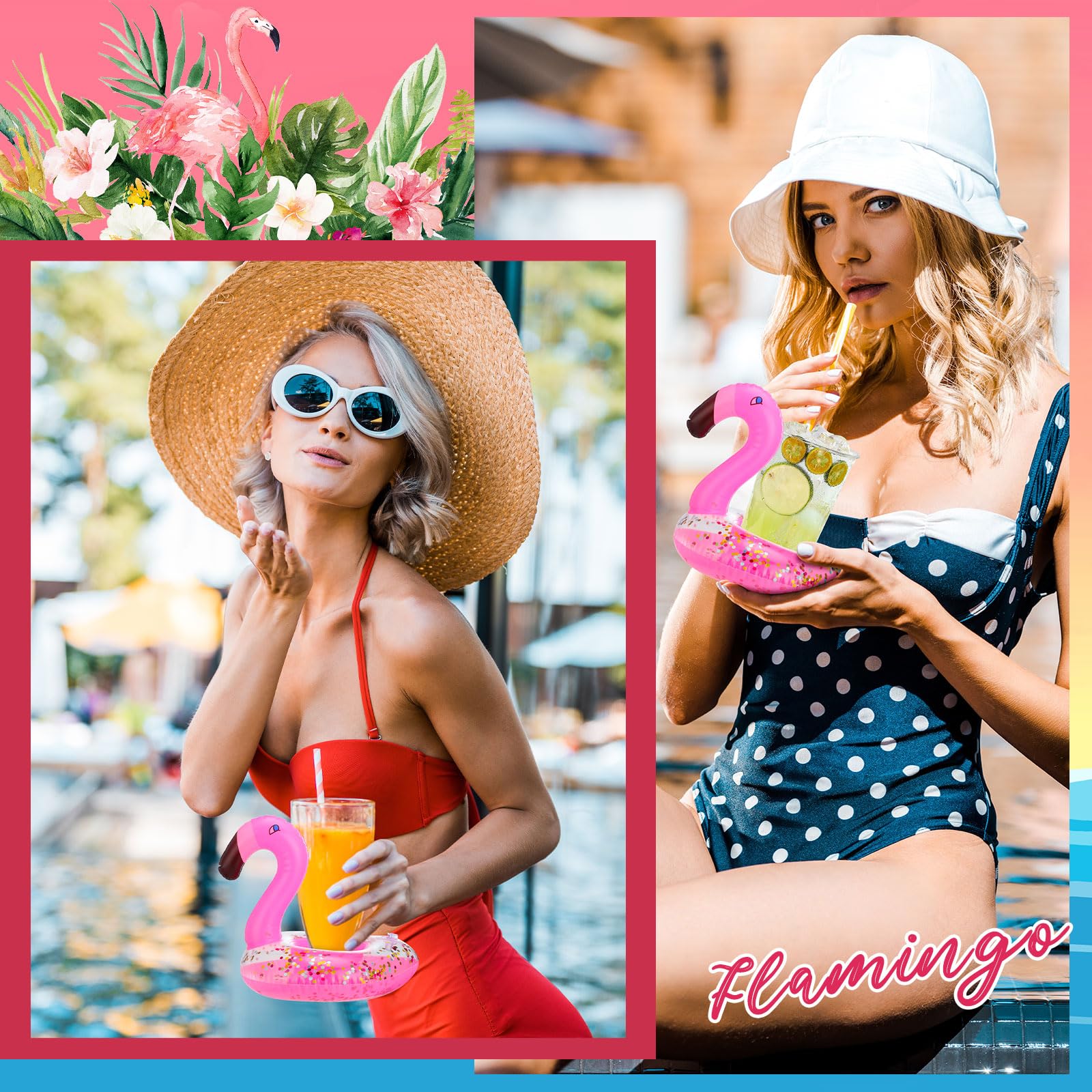 Meanplan Portavasos inflables para bebidas de flamenco, mini flotadores flotantes para bebidas, soporte flotante para bebidas, posavasos con un cilindro de bomba para baño, piscina