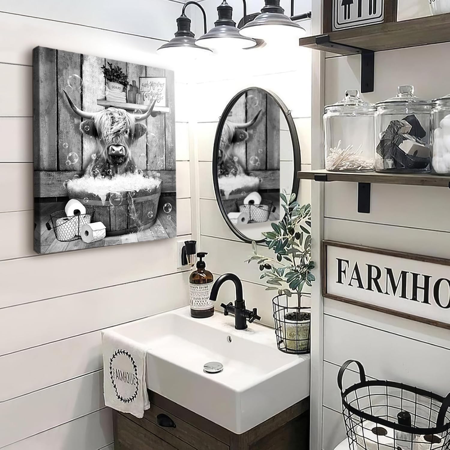 Funny Highland Cattle Wall Art Print, Vintage Rustic Funny Bathroom Highland Cow Canvas Art For Bathroom Toilet Decor, Farmhouse Wall Decor 16x20 Inch