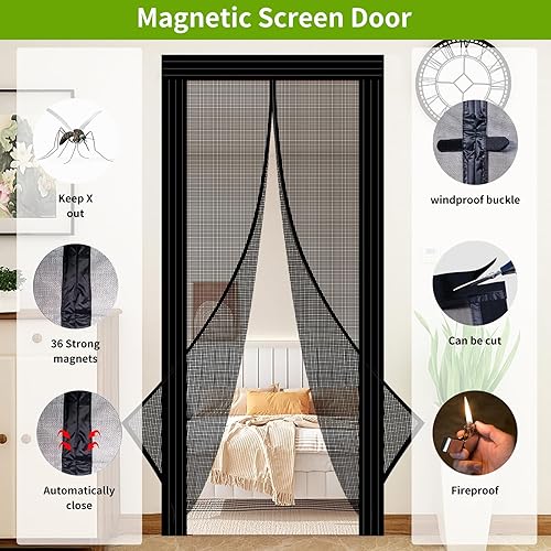 Miniatura 2 de Puerta magnética ajustable para puertas de 29 a 34 pulgadas de ancho de 79 a 82 pulgadas, puerta de malla de fibra de vidrio autosellada reforzada,