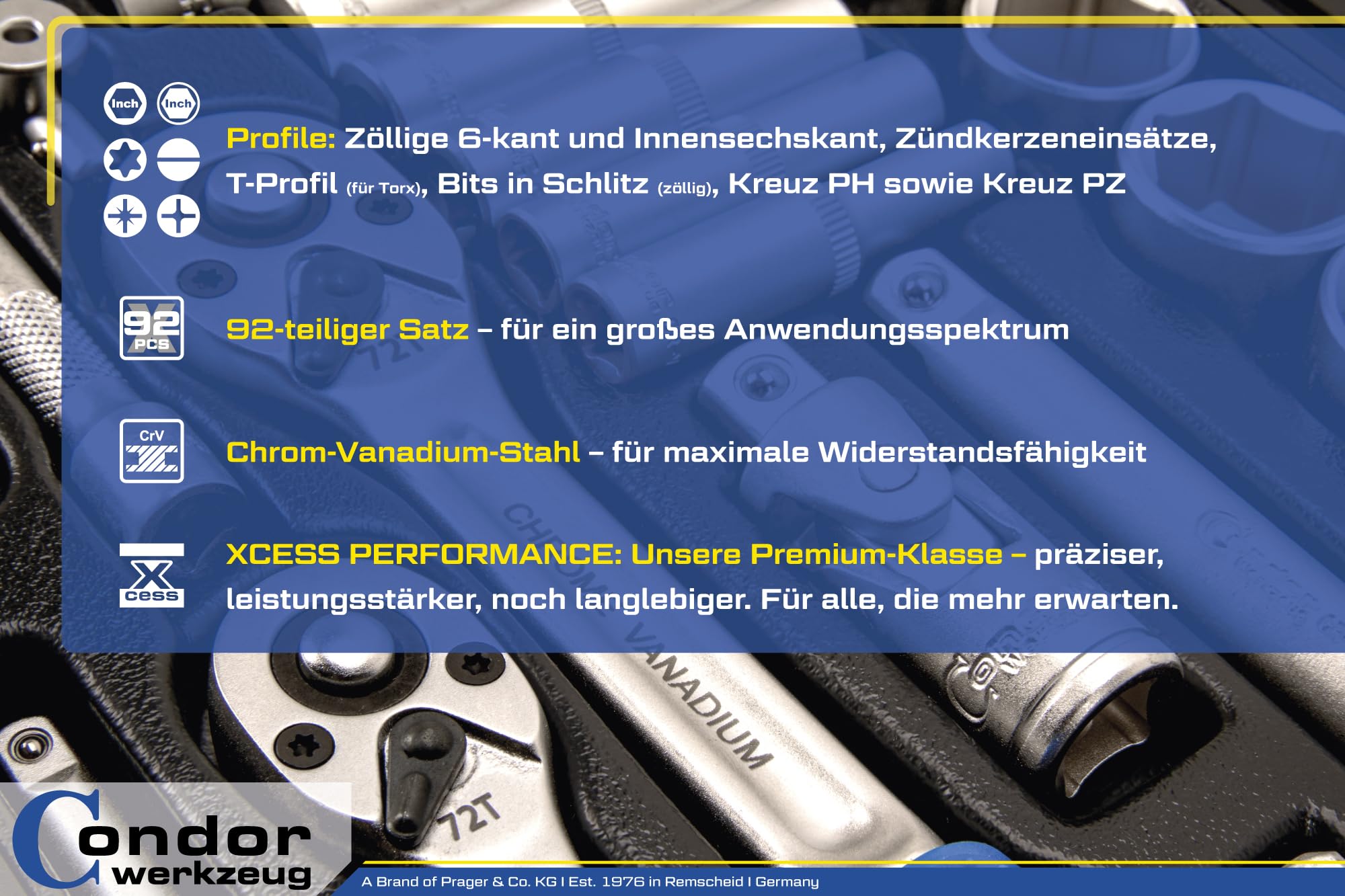 Condor Werkzeug 2172 | Zoll Steckschlüssel-Satz Ratschenkasten Knarrenkasten I 92-tlg.| 1/4+3/8" | 6-kant zöllig | Ringschlüssel und Maulschlüssel | Nüsse | Knarren | Werkzeugkoffer zöllig