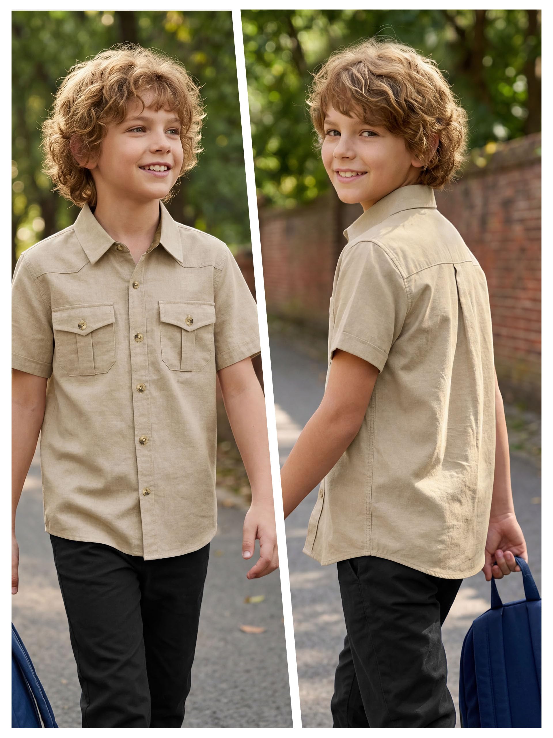 Rolanko Camicia a Maniche Corte per Ragazzi Button Down Camicia da Uniforme Scolastica con Colletto e Tasche