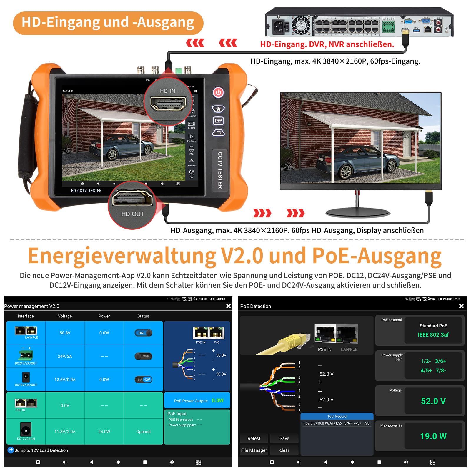 Henkion IPC CCTV Tester X9-ADHS Pro Mit 8 Zoll IPS Touchscreen Monitor, CCTV-Kameratester Unterstützt 8K 32MP IP Und 4K 8MP TVI CVI AHD SDI-Kameratests, Netzwerktester 90W POE++ HD I/O WiFi RS485 RJ45