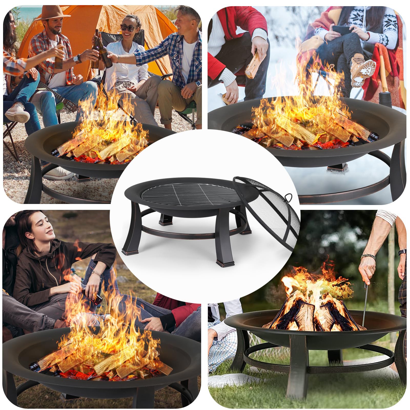Bracieri da Giardino, Ø 76 cm Braciere con Griglia, Braciere con Parascintille y Copertura Impermeabile 600D, Braciere da Esterno, Braciere Barbecue, Grande Bracere Multifunzionale, Fire Pit, Nero