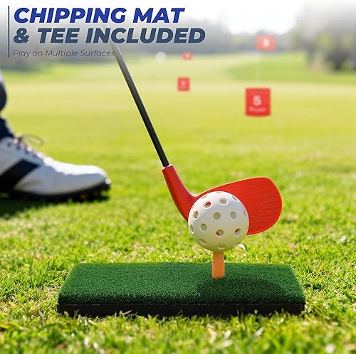 Miniatura 7 de Juego de cubo de golf portátil para patio, paquete de 6 agujeros y 2 palos de golf para adultos, familia, niños, juego de práctica en interiores y