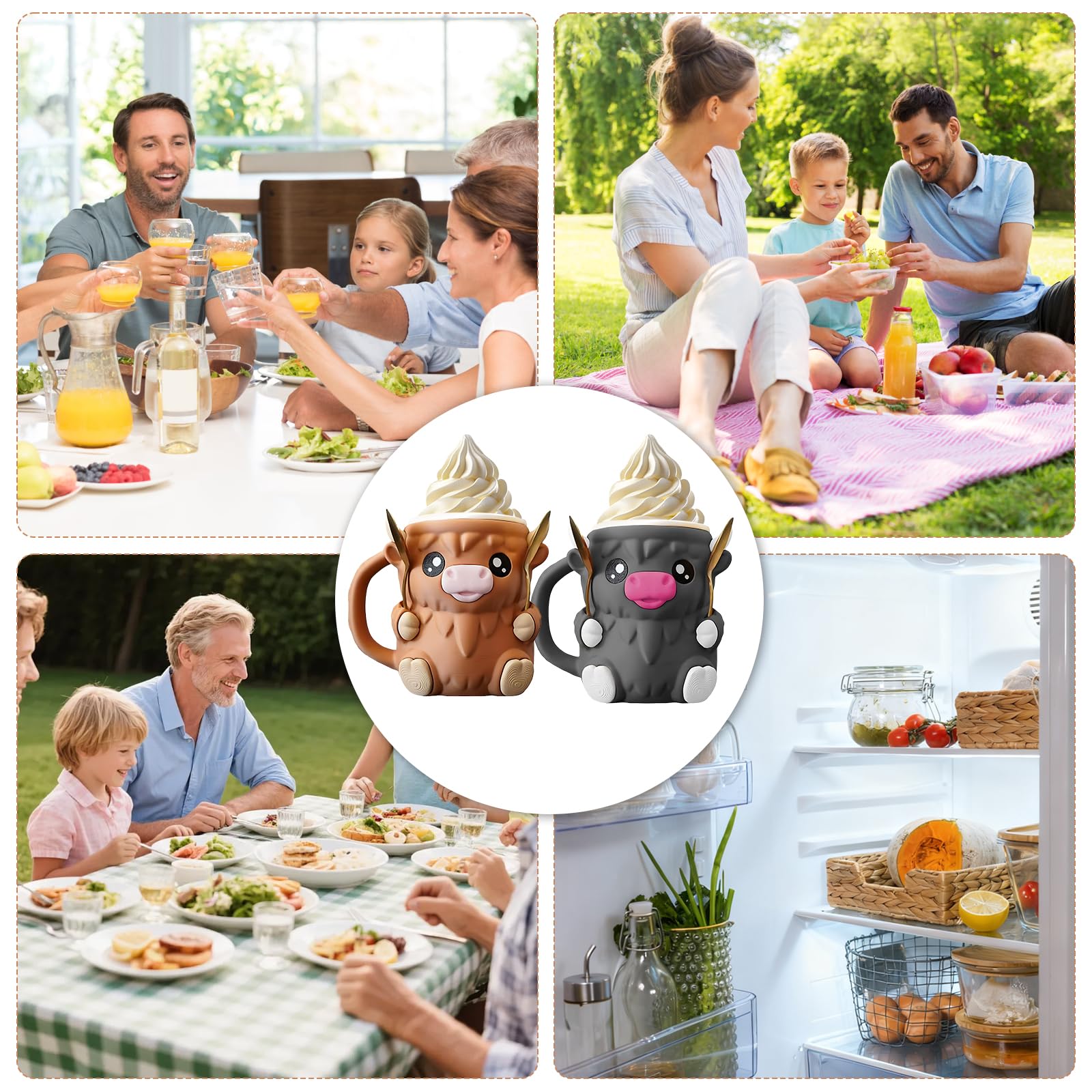 2 Stück Highland Cow Ice Cream Holder,Bezauberndes Eisbecher Halter,3d Printing Eiscreme Pint Halter,Inklusive 4 Löffeln,Geeignet Für Den Hausgebrauch,Picknicks,Partys Und Camping
