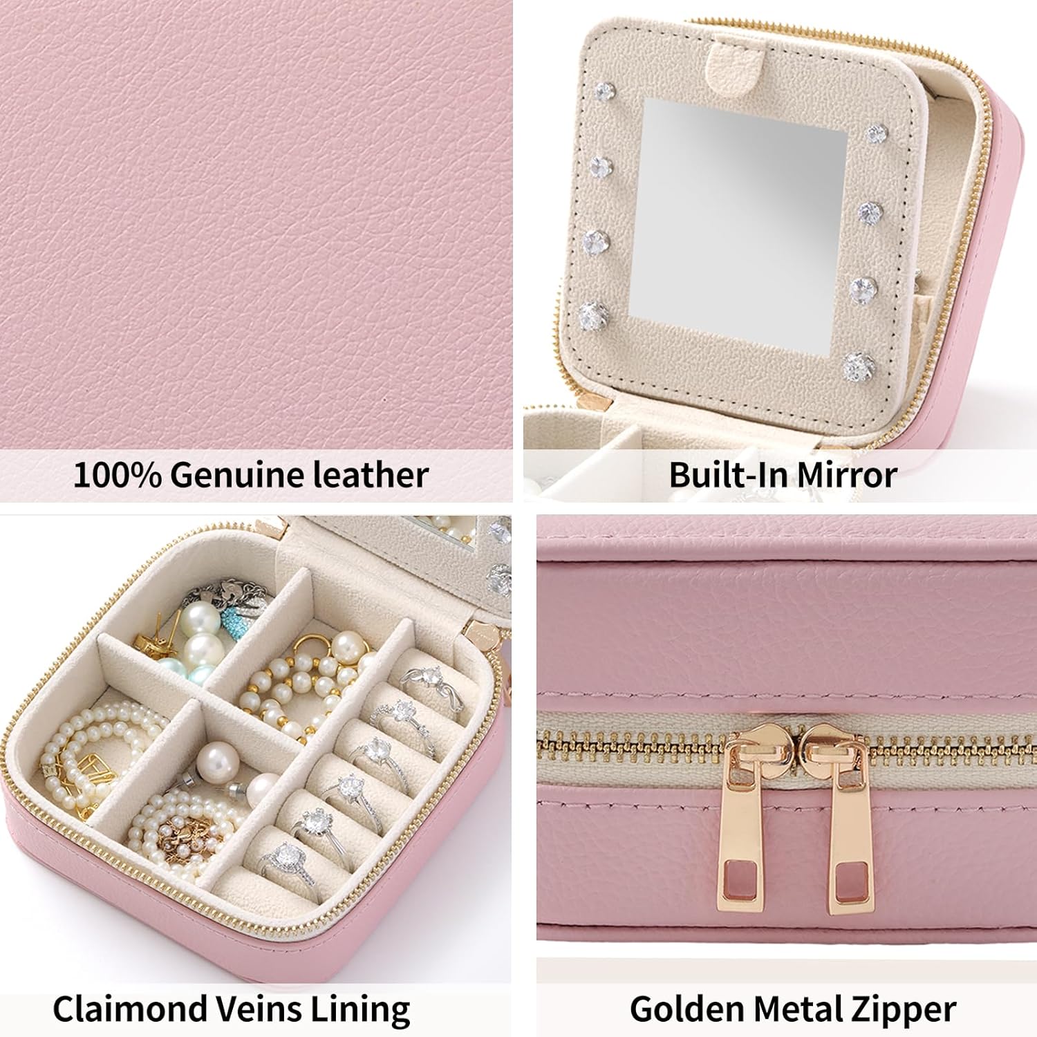 Genuine Leather Travel Jewelry Organizer Case with Mirror for Women, Small Mini Portable Jewelry Box for Ring Earrings Necklace Bracelet Luxury Gift for Women（Beige）