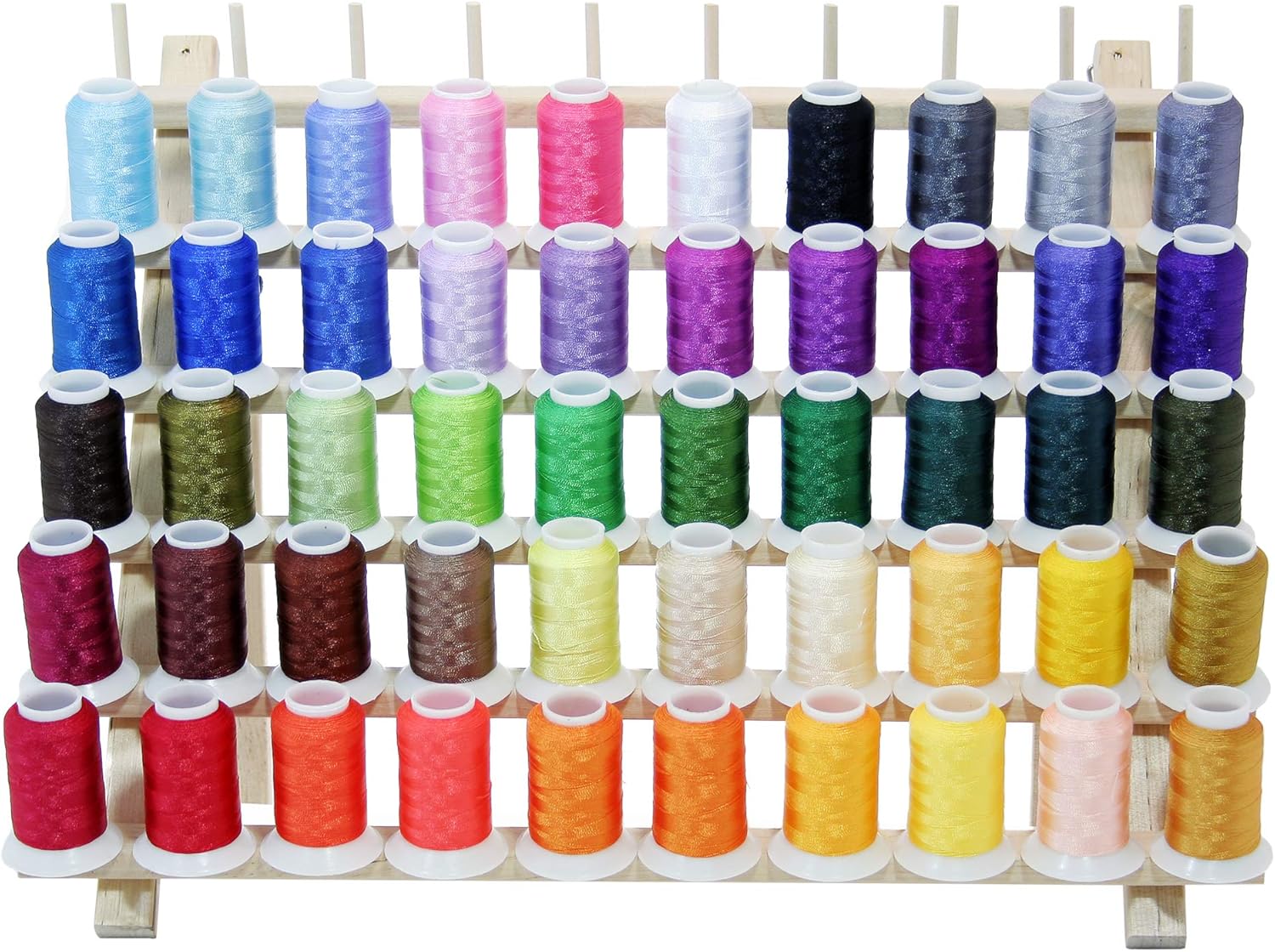 Premium 50 Cones (1100 Yards Each) of Polyester Embroidery Threads & Rack for Brother Babylock Janome Singer Pfaff Husqvarna Bernina Machines from Threadnanny