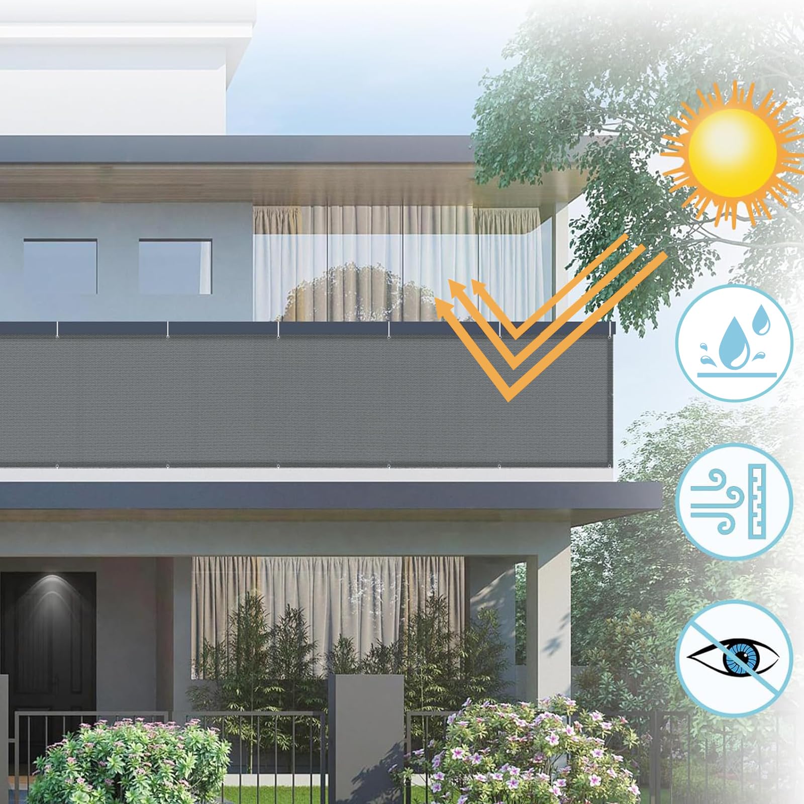 Besuche den AXT SHADE- AXT SHADE Balkon Sichtschutz Wetterfest 90x600cm Balkonverkleidung Balkonabdeckung Balkonbespannung Blickdichte Windschutz und UV-Schutz mit Kabelbinder für Balkongeländer-Anthrazit in use
