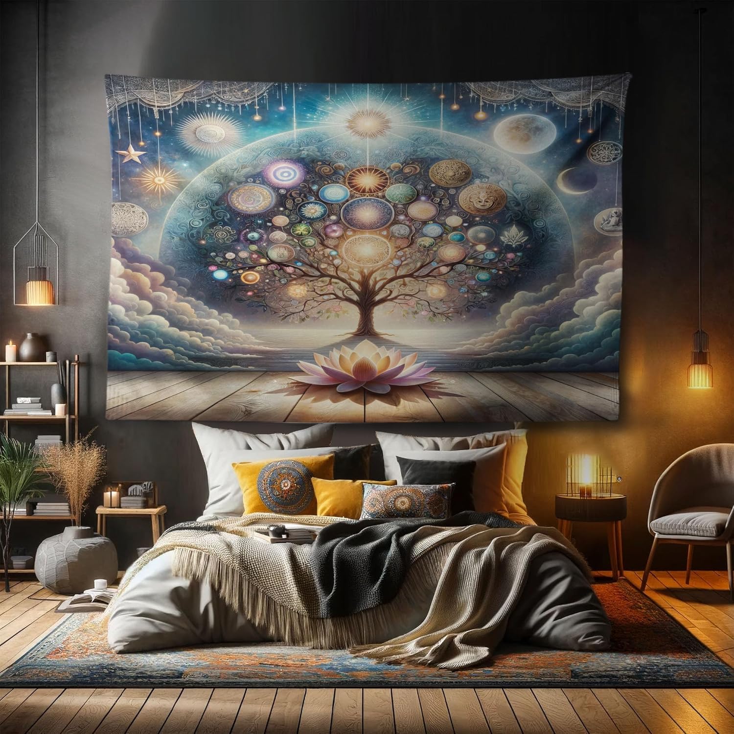 Ambesonne Tree of Life Tapestry, Intangible Artwork Universe Life and Chaos Lotus Celestial Clouds, Fabric Wall Hanging Decor for Bedroom Living Room Dorm, 90" X 60", Blue Lilac Pale Orange