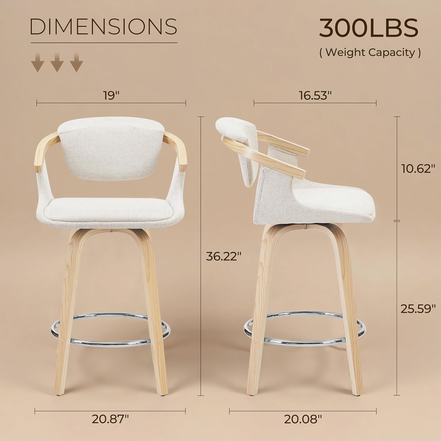 Zouron Wooden Counter Stools Set of 2, Upholstered Swivel Bar Chairs with Arms, Fabric Counter Height Barstools for Kitchen Island, Off White and Nutural Wood