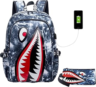 Kids Backpack Shark Bookbags Boys Schoolbag Laptop Backpack With USB Lightweight Water Resistant White