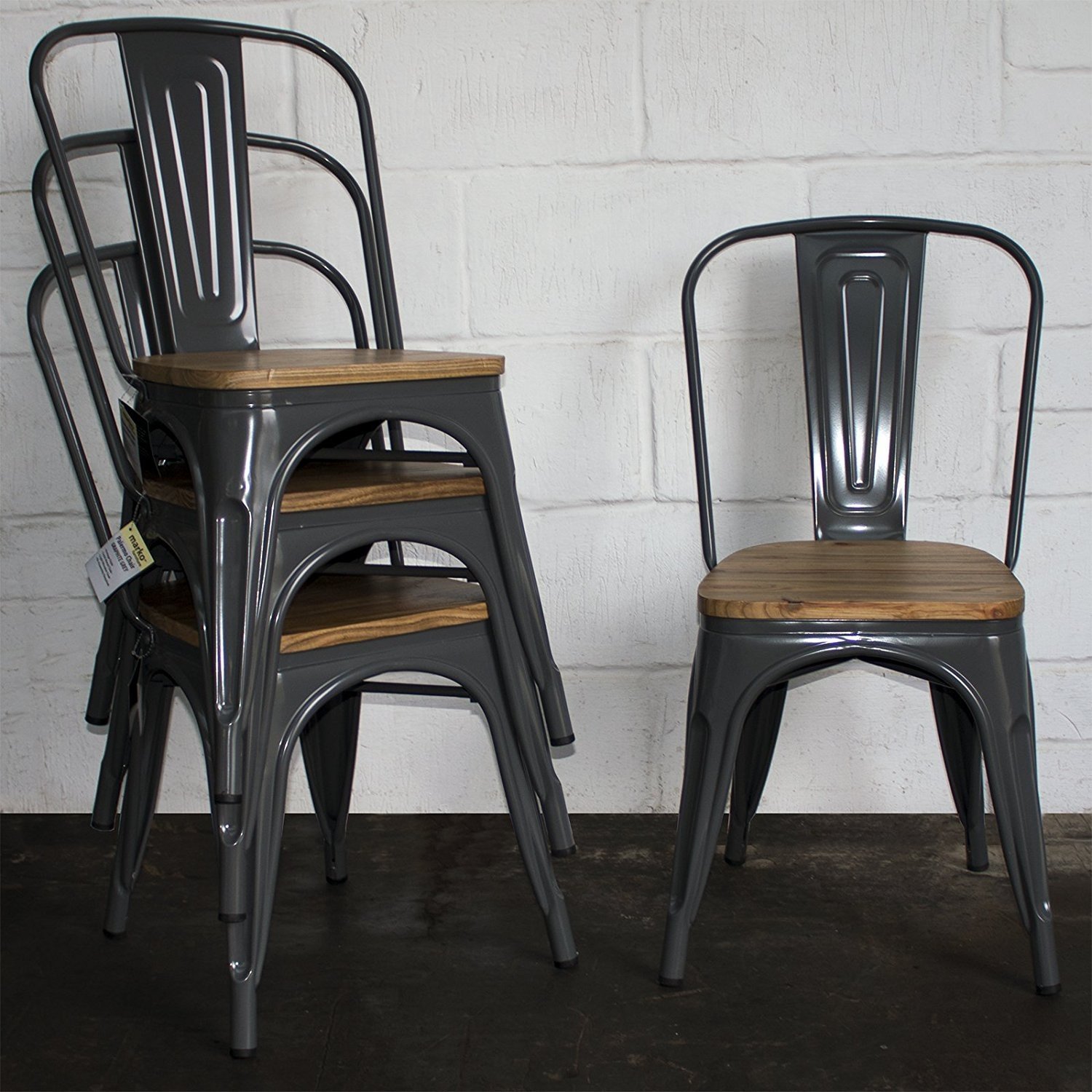 Marko Furniture Set of 4 Graphite Grey Metal Industrial Dining Chair Kitchen Bistro Vintage Seat