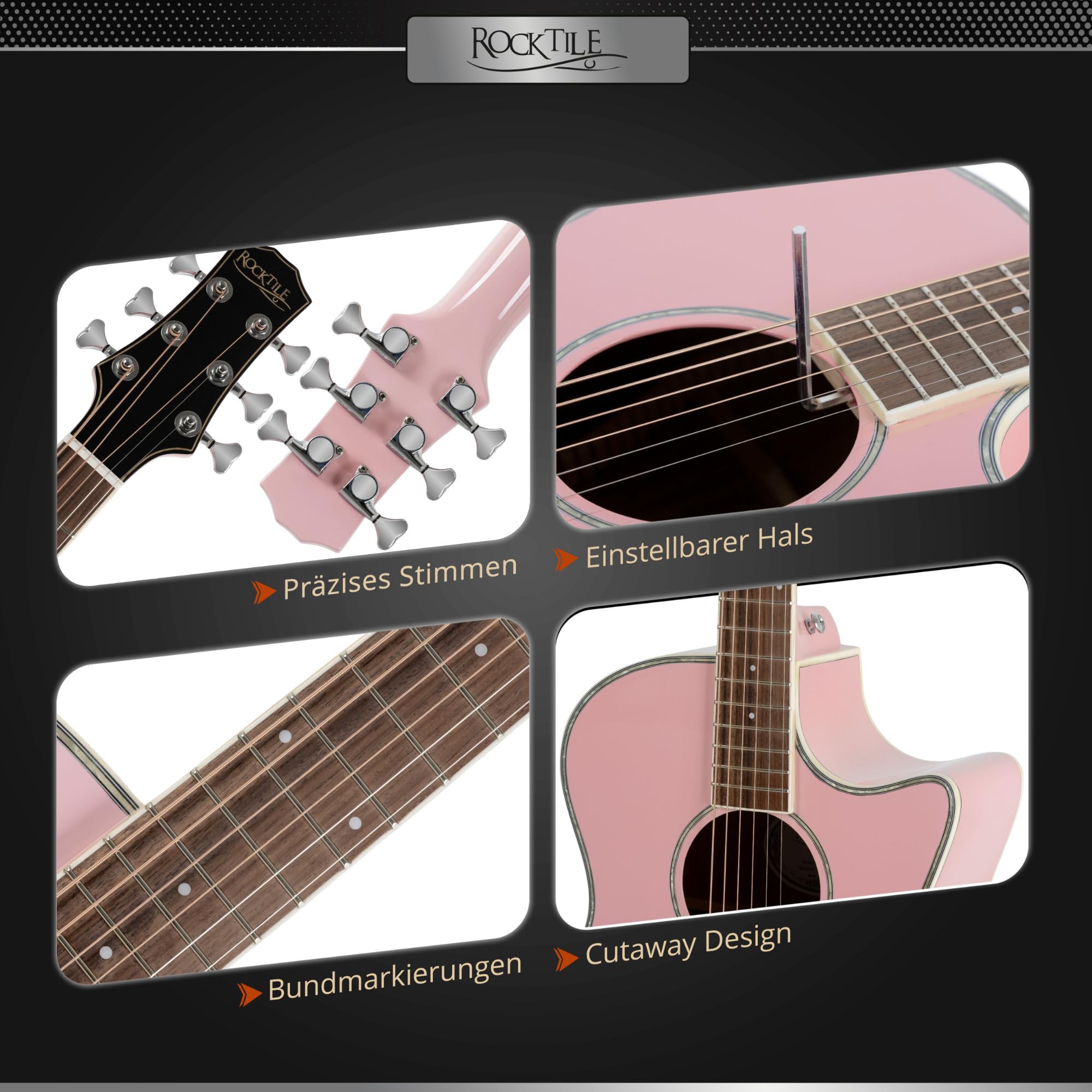 Rocktile WSC-150C-PK Westerngitarre - 6-saitige Grand Auditorium Akustikgitarre mit Cutaway - massive Fichtendecke & Mahagoni-Korpus - Palisandergriffbrett - Gloss Finish - Pink