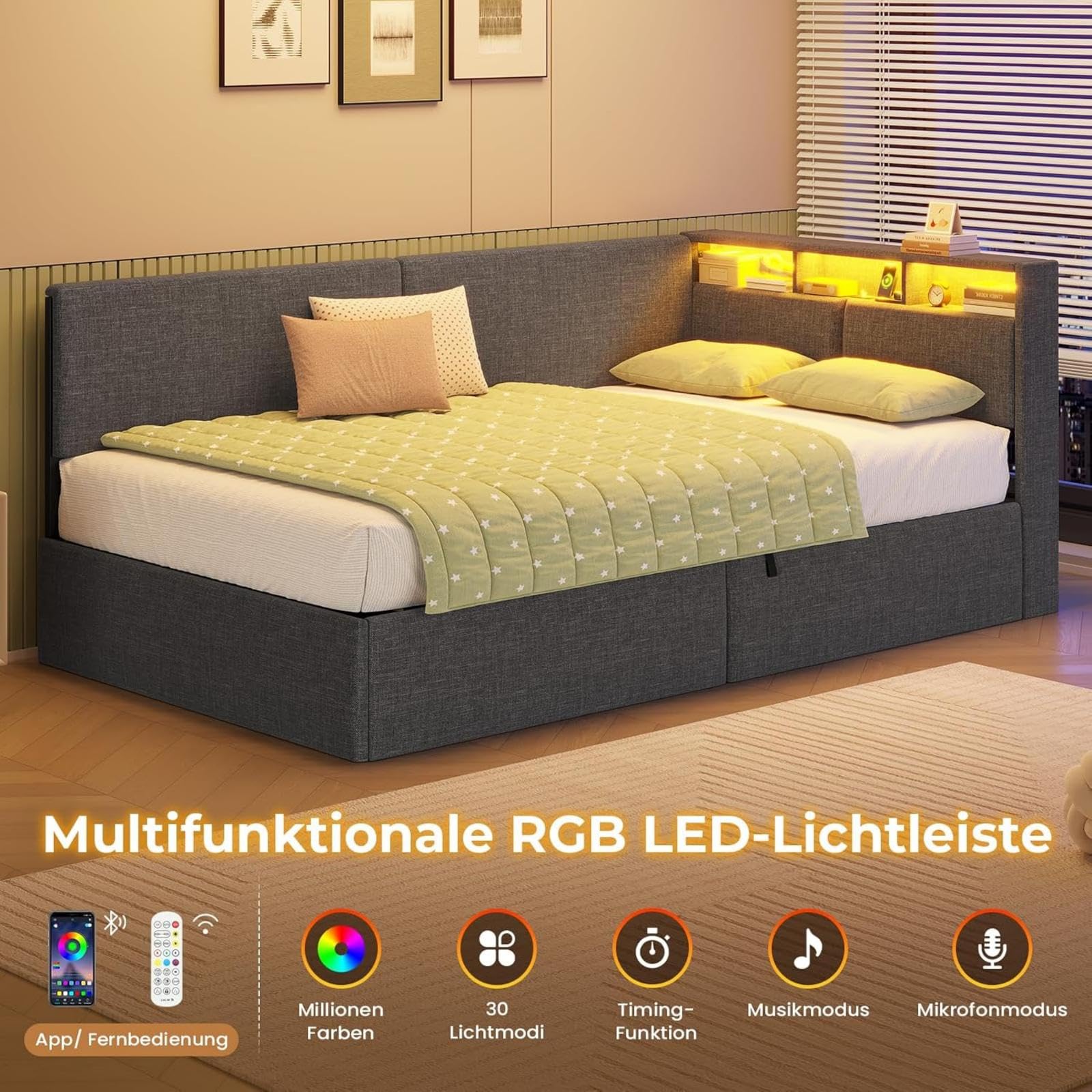 AOGLLATI Letto Singolo con Contenitore Idraulico 90x200, Divano Letto Singolo con Testiera Imbottita y Luce LED Regolabile, Struttura Letto Singolo con Stazione di Rricarica, Salvaspazio, Grigio Scuro