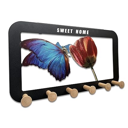 UNCLEPINK Over The Door Hook Hanger Door Hooks for Hanging Coat Rack with 6 Wood Hooks Multicolored Butterfly & Flower Over The Door Towel Rack for Clothes Hat Towel, Black