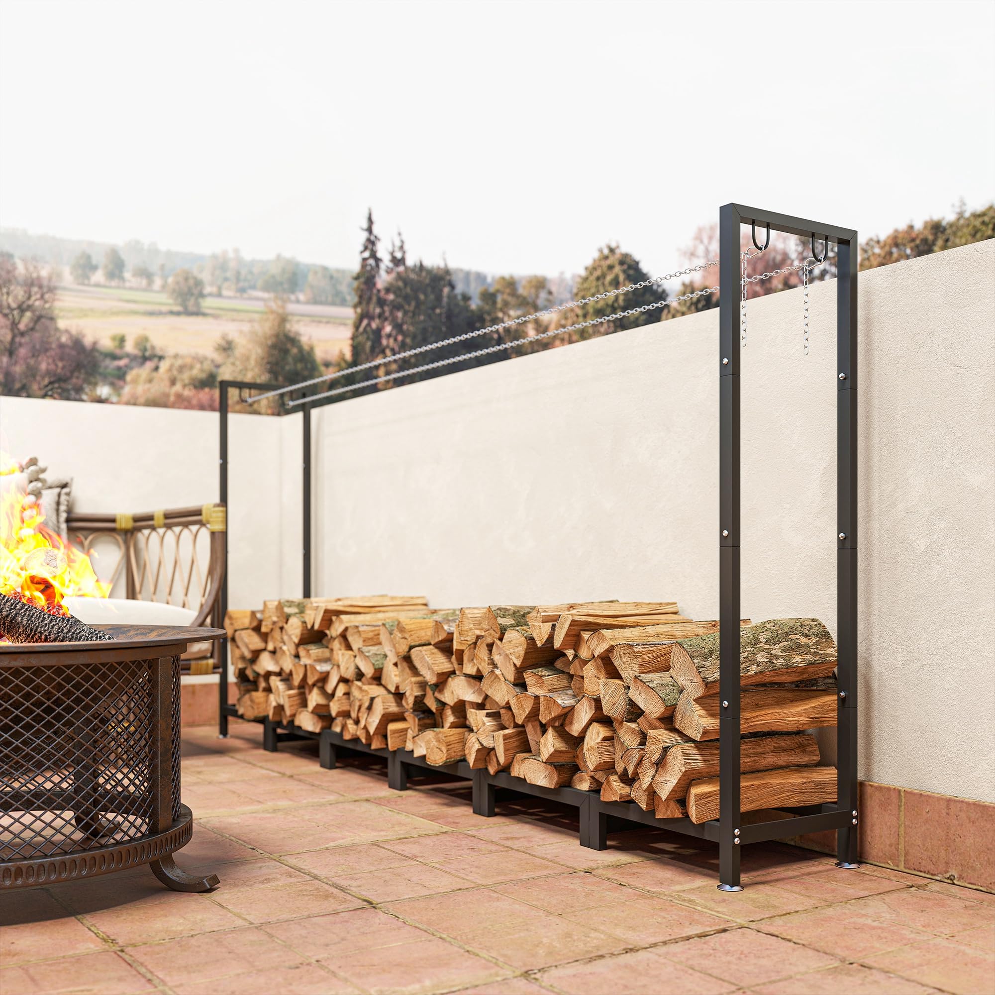 Outsunny Estante de Leña Metálico, 235x31x116 cm, Leñero Exterior con Cubierta Impermeable 600D Oxford, Marco de Acero y Cadenas de Acero, Soporte para Leña de Chimenea, Almacenaje para Madera, Negro