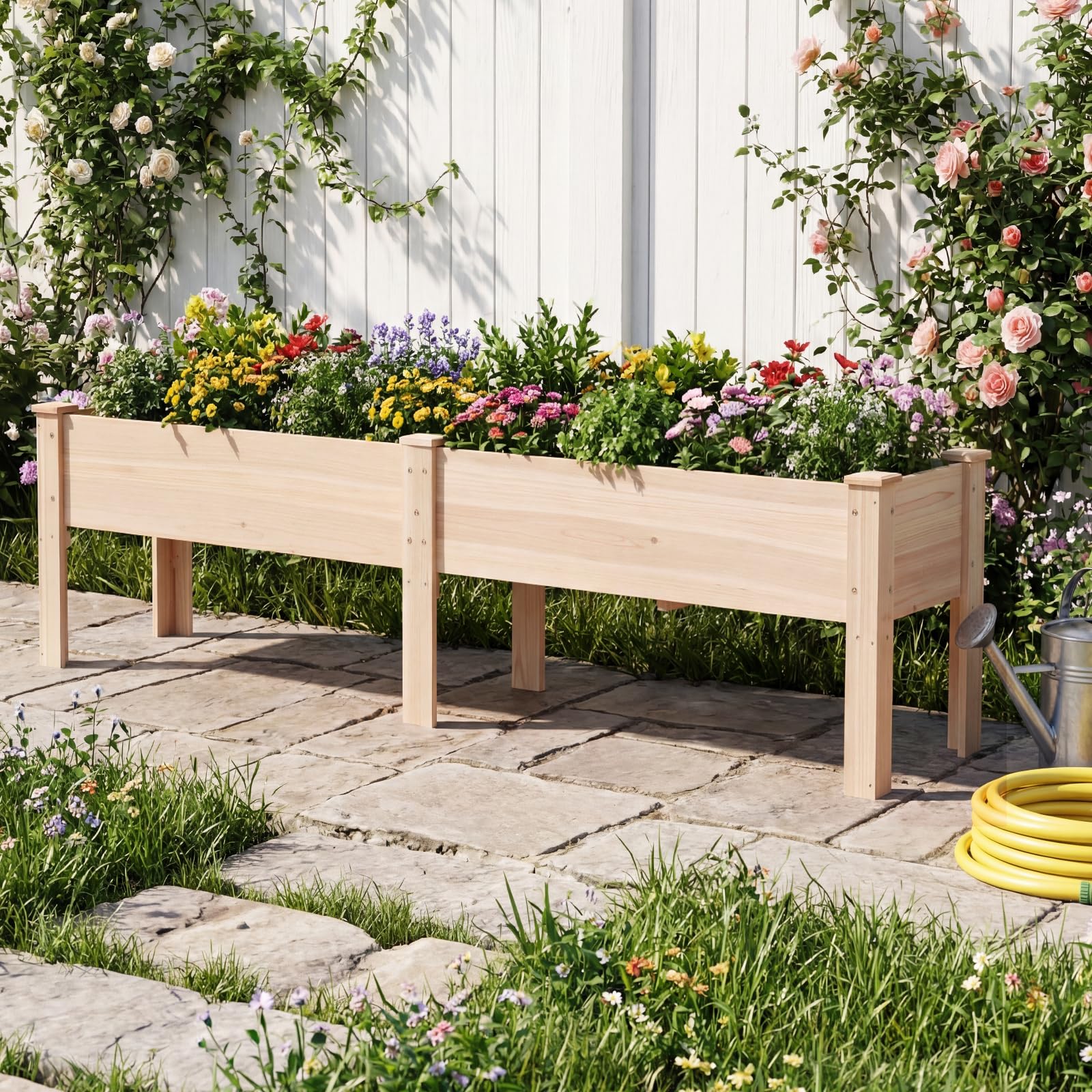 COSTWAY Jardinière avec 2 Zones de Culture, Bac à Fleur Surélevé en Bois de Sapin Plateaux Amovibles Séparation Trou de Drainage, pour Plante Légume Fleur, 240 x 43,5 x 51,5 CM, Naturel