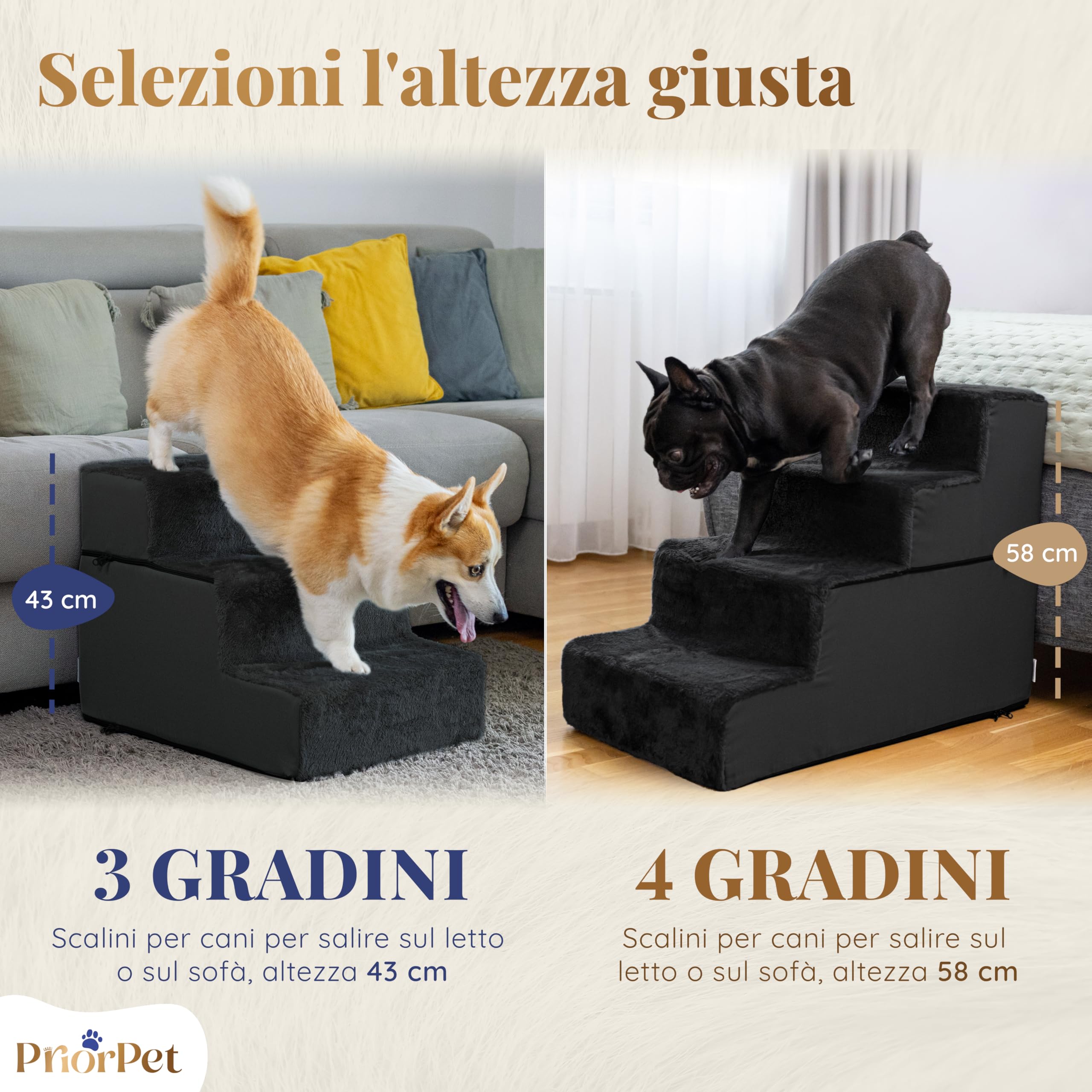 Scala per cani per letto e divano – 4 gradini altezza 58 cm – Schiuma per cani di piccola taglia – Scala per animali domestici sicura e stabile – Rivestimento rimovibile lavabile – Nero